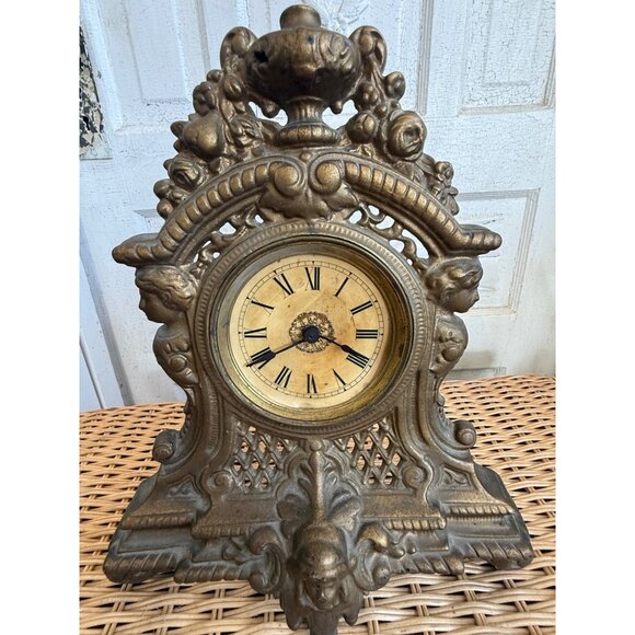 Antique 1880s Cast Iron Gold GIlt Clock Mermaids Womans Face Ornate Running - Picture 15 of 16